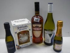 A bottle of Soboran whisky, a gin snow globe, a bottle of wine and 2 small bottles of Prosecco.