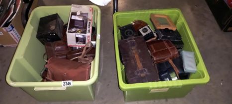 A quantity of vintage cameras etc in 2 boxes, Ilford's, Advocate, Dacora etc