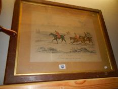 An oak framed and glazed hunting print, frame 72 x 57 cm, image 49 x 35 cm, COLLECT ONLY.