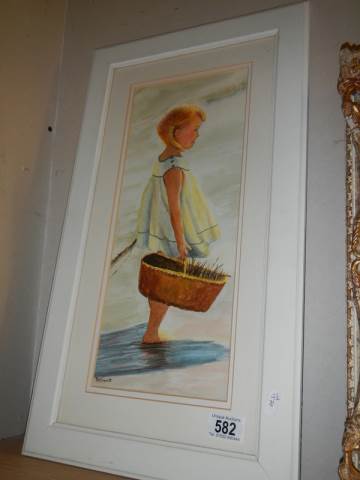 A framed and glazed watercolour of a young girl with a basket COLLECT ONLY.