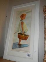 A framed and glazed watercolour of a young girl with a basket COLLECT ONLY.