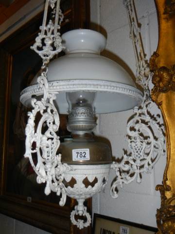 A wrought iron hanging oil lamp with shade, COLLECT ONLY. - Image 2 of 2