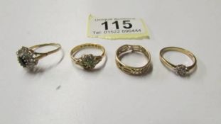Four gold rings including 1 with diamond chip, 1 set seed pearls (1 pearl missing) etc., 8.4 grams.