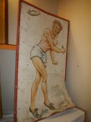 An old painting on plywood of a sports man, 78 x 126 cm, COLLECT ONLY.