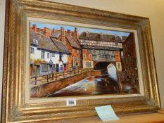 An oil on canvas Lincoln scene signed Gordon Lees, Frame 66 x 47 cm, image 49 x 29 cm. COLLECT ONLY.