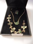 A boxed vintage malachite and 925 silver necklace, bracelet and ring.