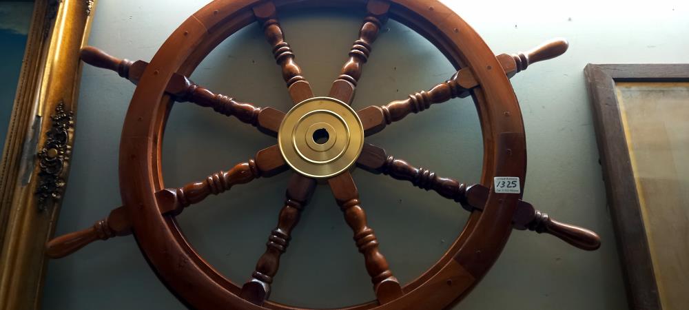 A large hard wood ships/boat wheel with brass hub. Diameter 92cm COLLECT ONLY - Image 2 of 2
