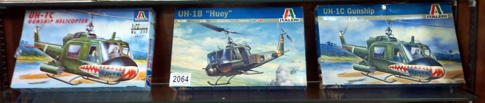 3 sealed boxed Italleri model kits, 2 gunship helicopters, both UH-1C , UUIB 'Huey' believed to be