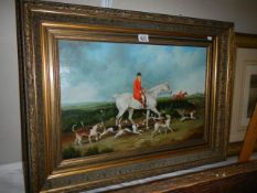 An oil on board hunting scene, frame 80 x 60 cm, image 58 x 38 cm, COLLECT ONLY.