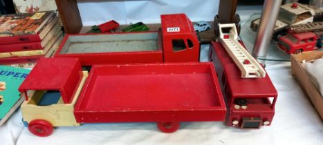 3 large painted wooden lorries including a fire engine