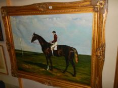 A gilt framed oil on canvas painting of a horse with jockey, unsigned (frame a/f) frame 117 x 144 cm