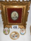 A gilt framed miniature portrait and three other miniatures.