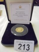 A limited edition 'The Queens 88th Birthday' 22 carat gold proof £1 coin (mintage 995) boxed