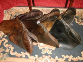 Three old leather saddles, COLLECT ONLY.