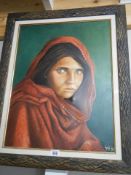 A framed portrait on canvas entitled 'The Afghan Girl' (Front page of National Geogrpahic 1985)