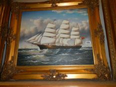 A gilt framed oil on canvas painting of a tall ship, unsigned (frame a/f) frame 82 x 71 cm,