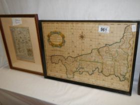 A framed and glazed map of Cornwall and a framed strip map engraving by Owen & Bowen 1730's.