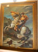 A gilt framed oil on canvas painting of Napoleon Boneparte on horseback, Frame 149 x 117 cm, image