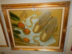 B. Peterson (20thC) Oil on canvas still life in gilt frame, flute, roses, ballet shoes & manuscript
