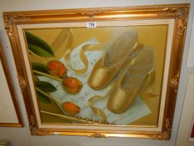 B. Peterson (20thC) Oil on canvas still life in gilt frame, flute, roses, ballet shoes & manuscript