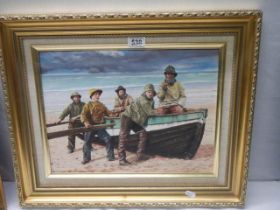 An oil on board fisherman scene by Cornish artist J M Cartwright MM, 55 x 46 cm.