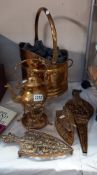 A quantity of brass ware including coal scuttle, bellows, trivet etc COLLECT ONLY