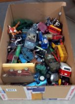 A large box of play worn die cast vehicles