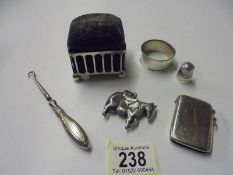 A silver plate trinket box, donkey rattle etc.,