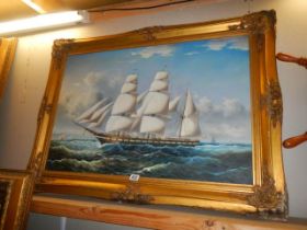 A gilt framed oil on canvas painting of a tall ship, frame 112 x 81 cm, image 90 x 60 cm. COLLECT