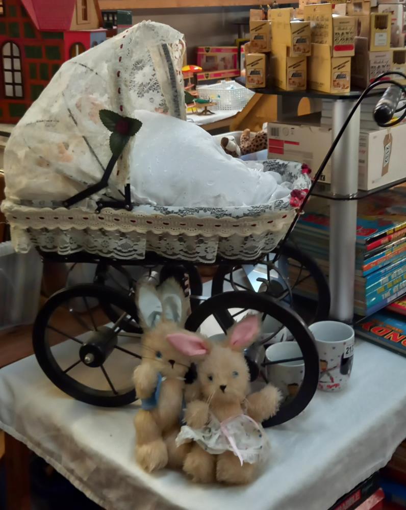 A Victorian style dolls pram with two dolls and 2 small rabbits, COLLECT ONLY. - Image 2 of 4