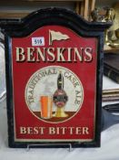 A Benskins Best Bitter Brewery enamel sign in wall mount.