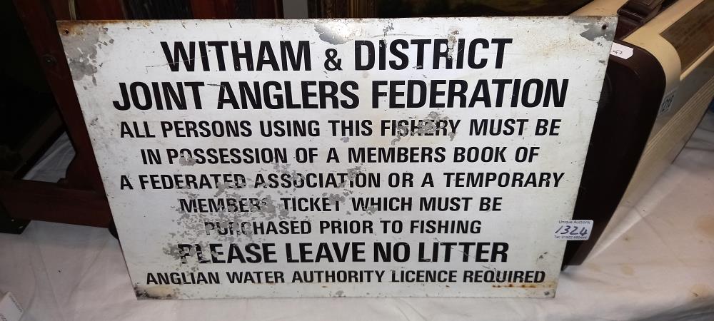 A vintage metal Witham & District joint anglers federation fishing licence warning sign. 46cm x 31cm