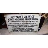 A vintage metal Witham & District joint anglers federation fishing licence warning sign. 46cm x 31cm