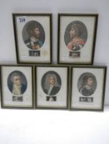 A set of five framed and glazed early coloured engravings.
