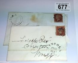 Two Penny red stamps on postmarked envelopes for Lincoln and Caistor,