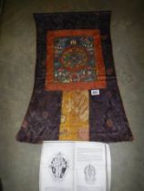 . A Tibetan Buddhist hand-painted mandala thangka set in silk brocade. Images include detailed