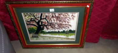 A silk picture of tree by water, Image 49cm x 35cm. Frame 72cm x 57cm COLLECT ONLY
