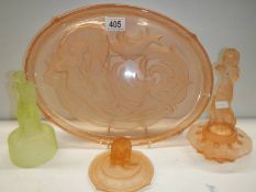 An art deco glass dressing table tray and three glass figures.