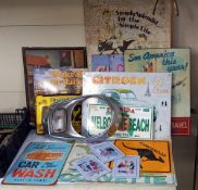 A quantity of retro metal signs and American style licence plates etc