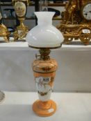 A Victorian opaline glass oil lamp with drop in font, COLLECT ONLY.