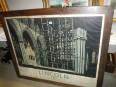 A framed & glazed inside Lincoln Cathedral railway poster, frame 1401 x 114 cm, poster 125 x 100 cm
