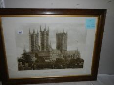 A framed and glazed picture of Lincoln Cathedral, Frame 86 x 65 cm, image 57 x 40 cm, COLLECT ONLY.