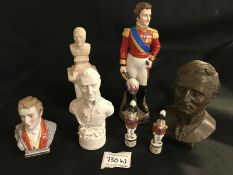 A collection of 7 Duke of Willington Busts, Statue and miniatures including marble Figure on Plynth.
