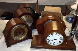 5 wooden mantle clocks and some clock parts COLLECT ONLY