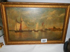 An early seascape painting on wood, signed but indistinct.