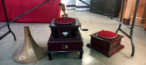 2 reproduction horn gramophones, incomplete, for spares or repair COLLECT ONLY