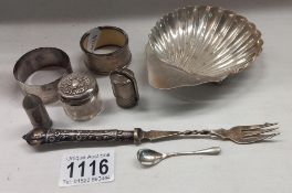 A collection of silver items including scallop dish etc (plus 2 perfume bottles, not silver)