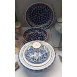 Polish and Tunisia blue and white hand painted pottery bowls and tureen COLLECT ONLY