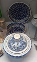 Polish and Tunisia blue and white hand painted pottery bowls and tureen COLLECT ONLY
