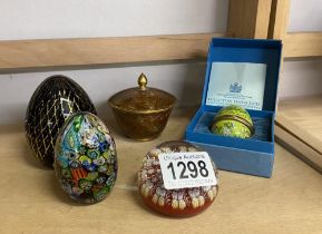 A Murano paperweight and 2 other paperweights plus a Halcyon days enamel egg etc